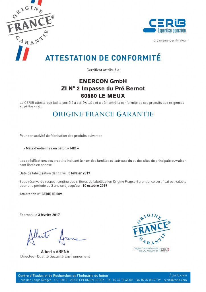 Certificat Cerib - Label OFG Enercon